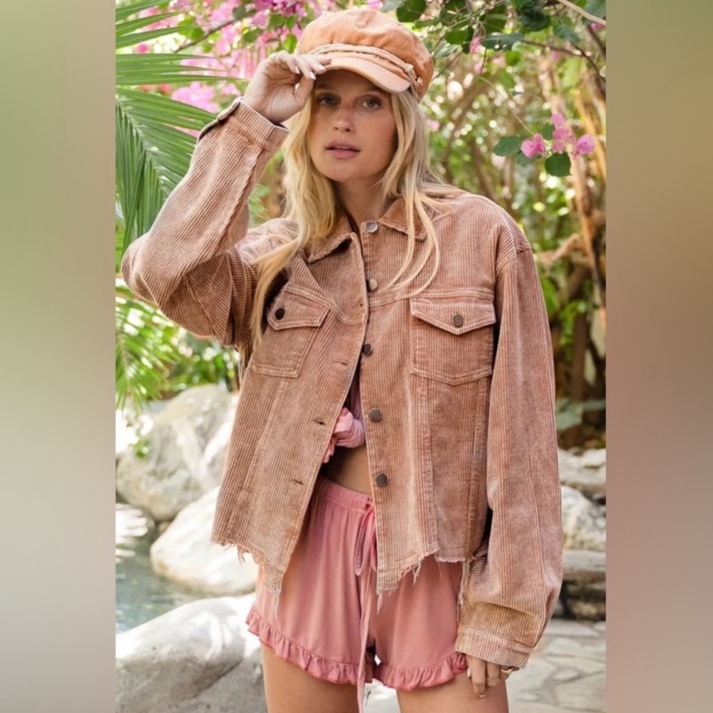 POL Frayed Hem Vintage Inspired Teddy Bear Brown Cropped Corduroy Jacket S